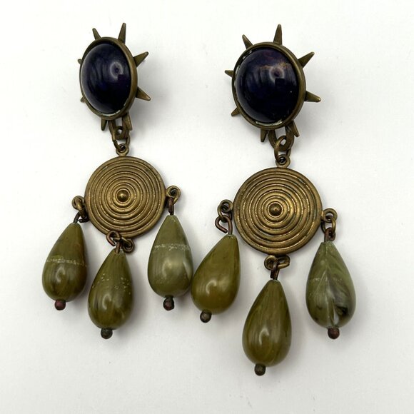 Vintage Boho Artisan Statement Earring Bundle Brass Tone Dangles Hoop - Picture 8 of 16